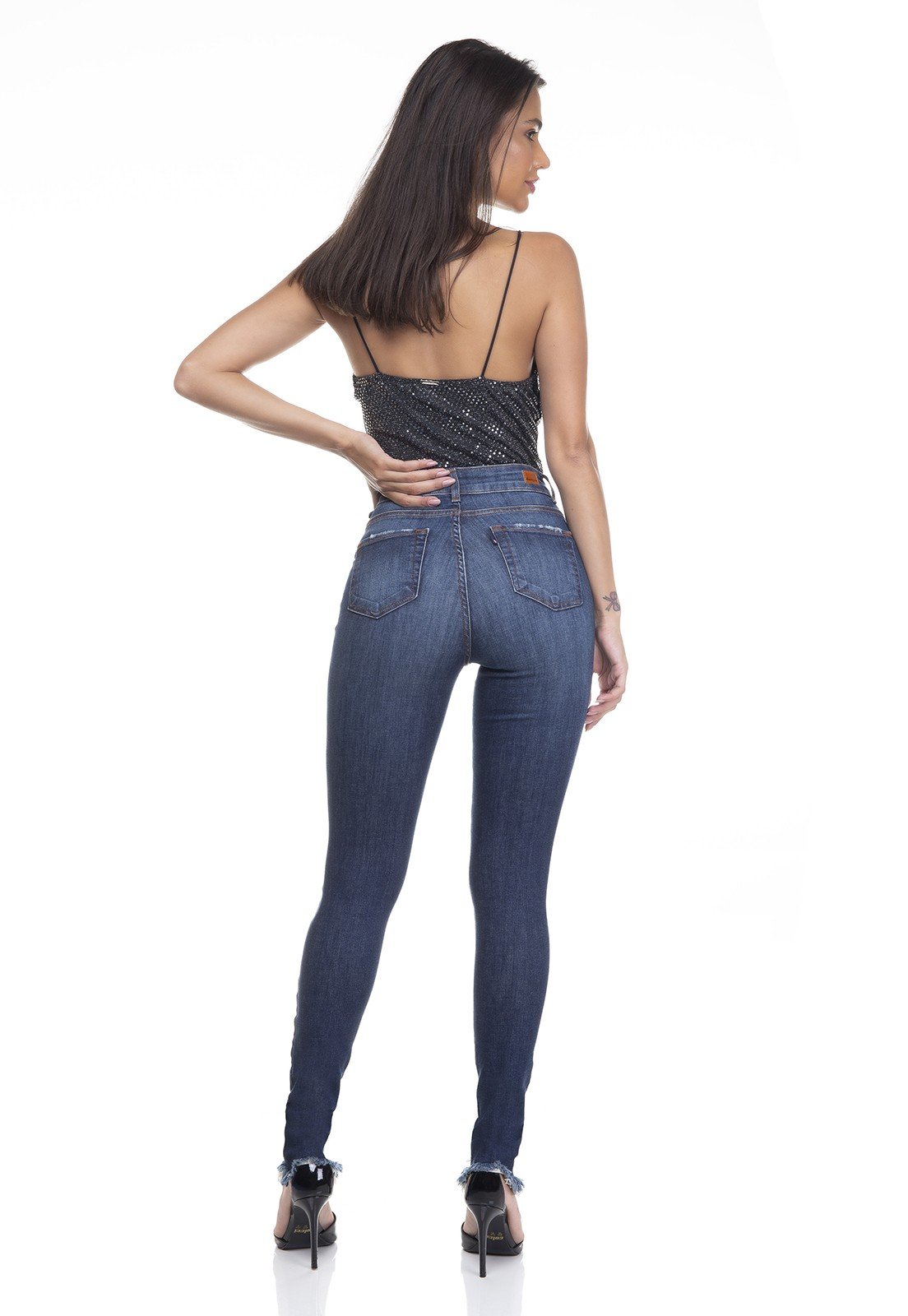 dz3365 calca jeans feminina skinny media barra desfiada denim zero costas
