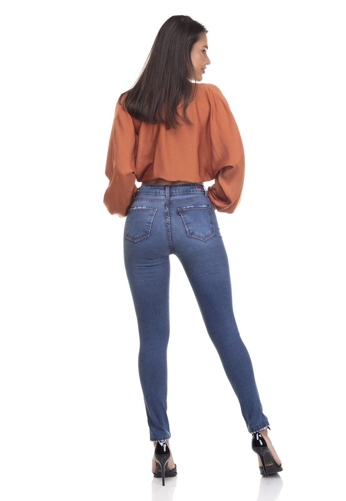 dz3375 calca jeans feminina skinny media cigarrete fenda na barra denim zero costas