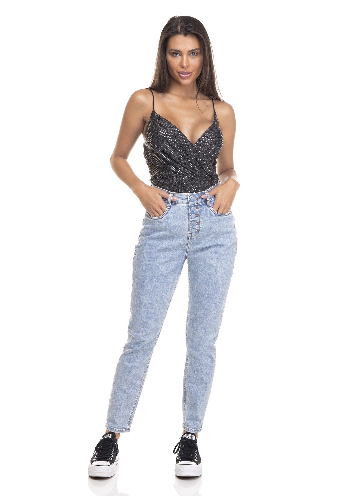 dz3386 calca jeans feminina mom fit fechamento com botoes denim zero frente