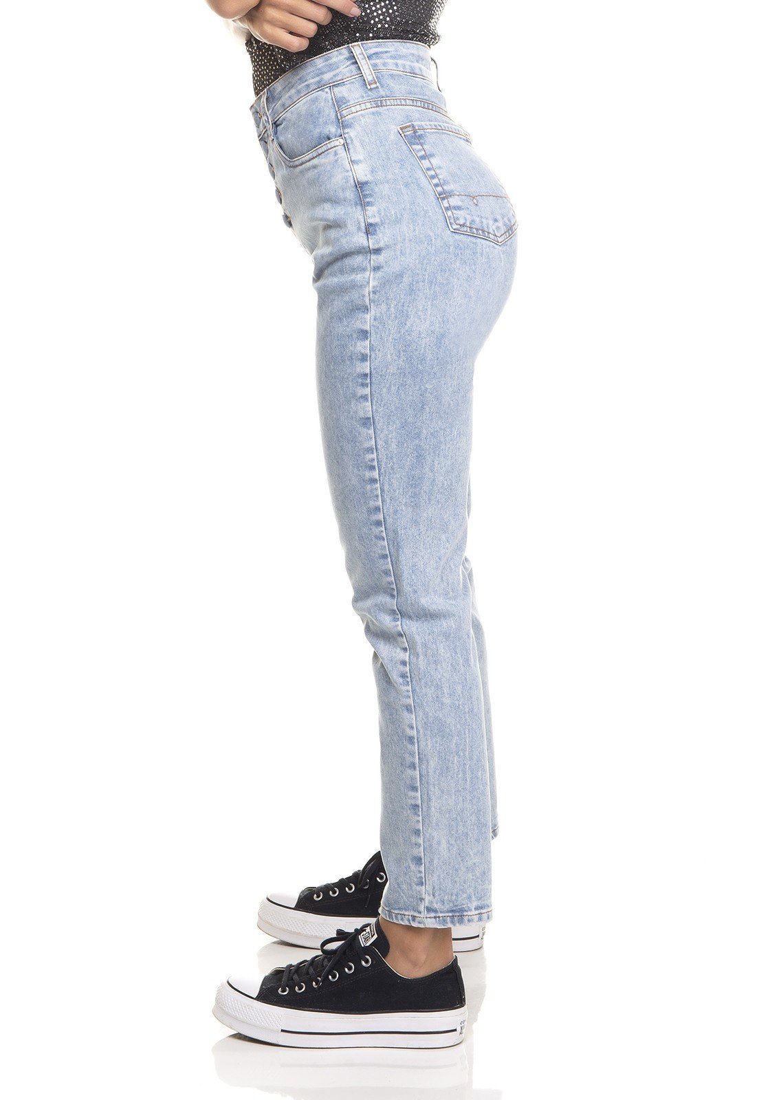 dz3386 calca jeans feminina mom fit fechamento com botoes denim zero lado prox