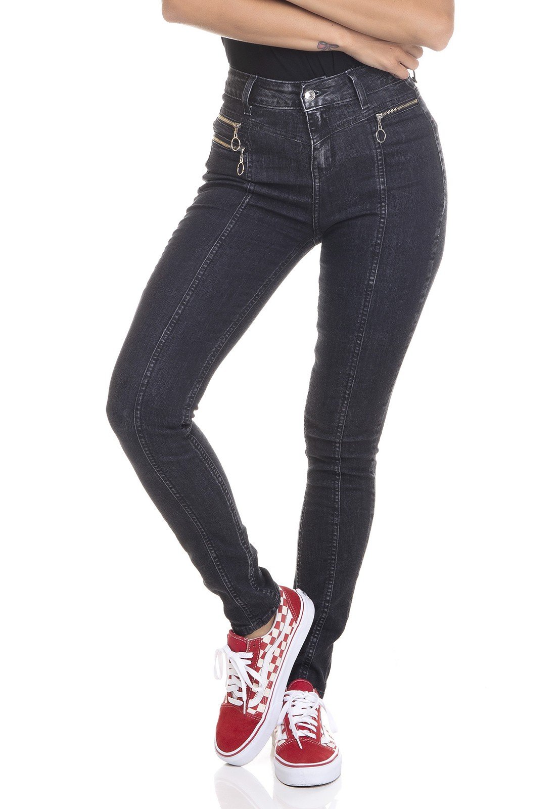 dz3374 calca jeans feminina skinny media bolsos com ziper denim zero frente prox