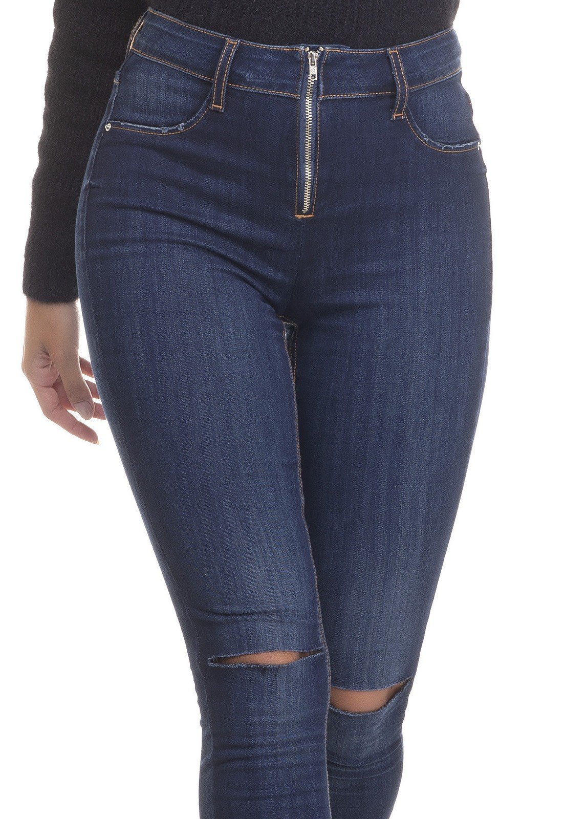 dz3378 calca jeans feminina skinny media cigarrete ziper frontal denim zero frente detalhe