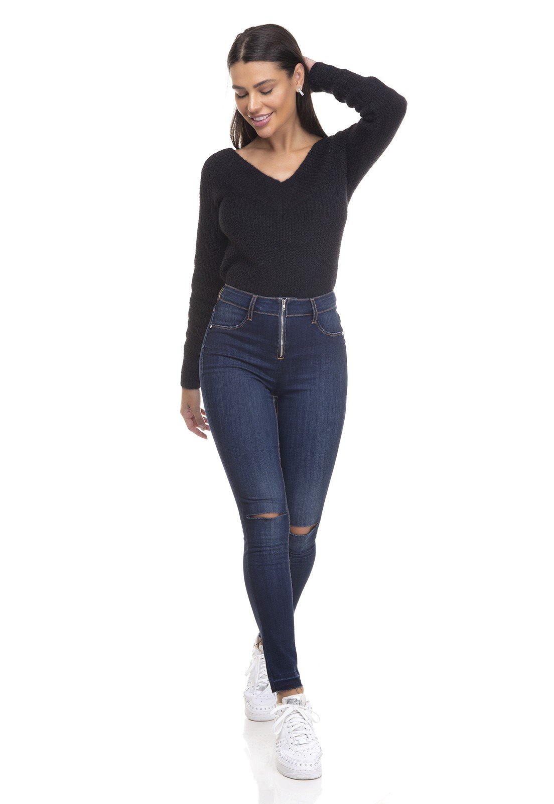 dz3378 calca jeans feminina skinny media cigarrete ziper frontal denim zero frente