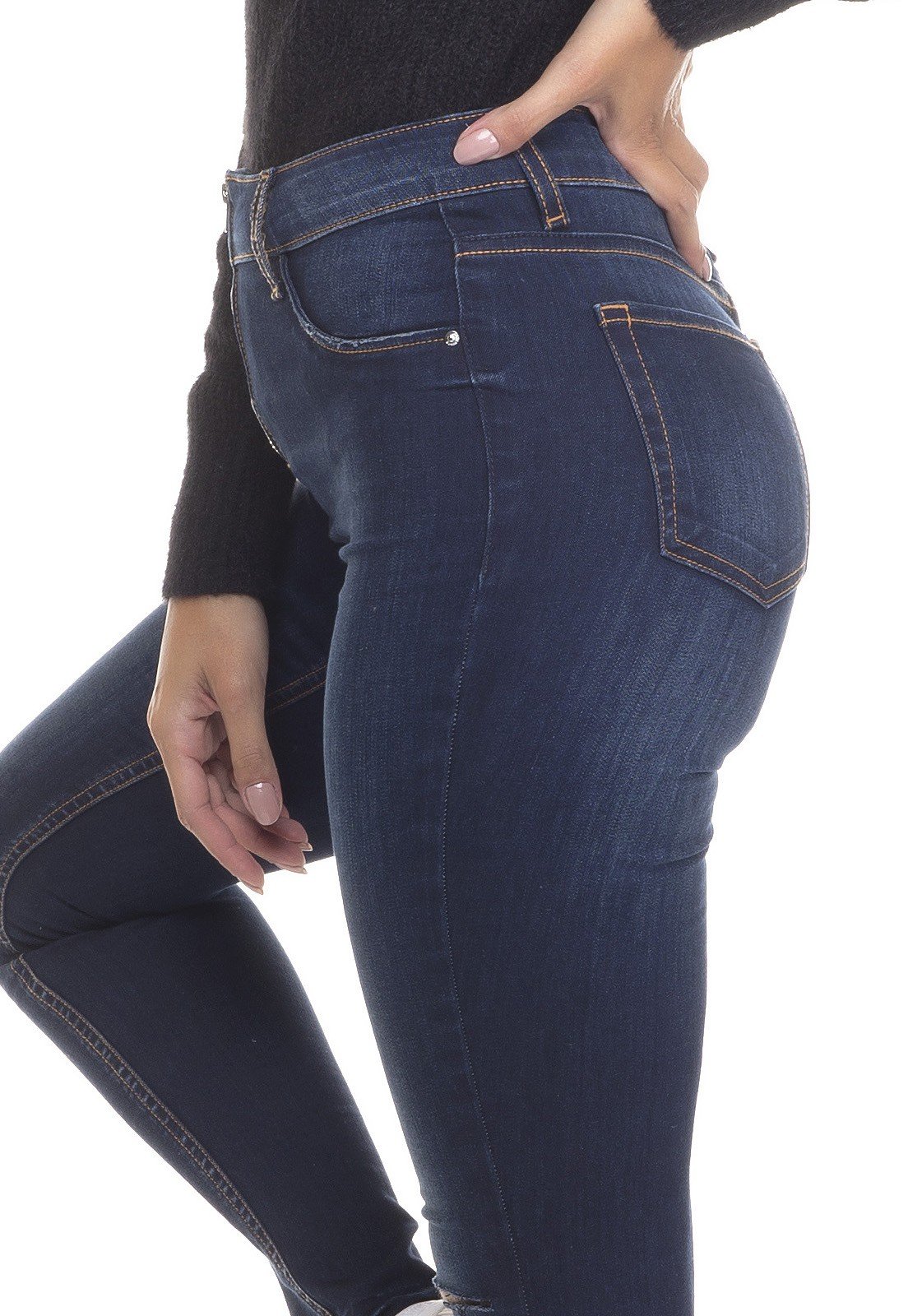 dz3378 calca jeans feminina skinny media cigarrete ziper frontal denim zero lado detalhe