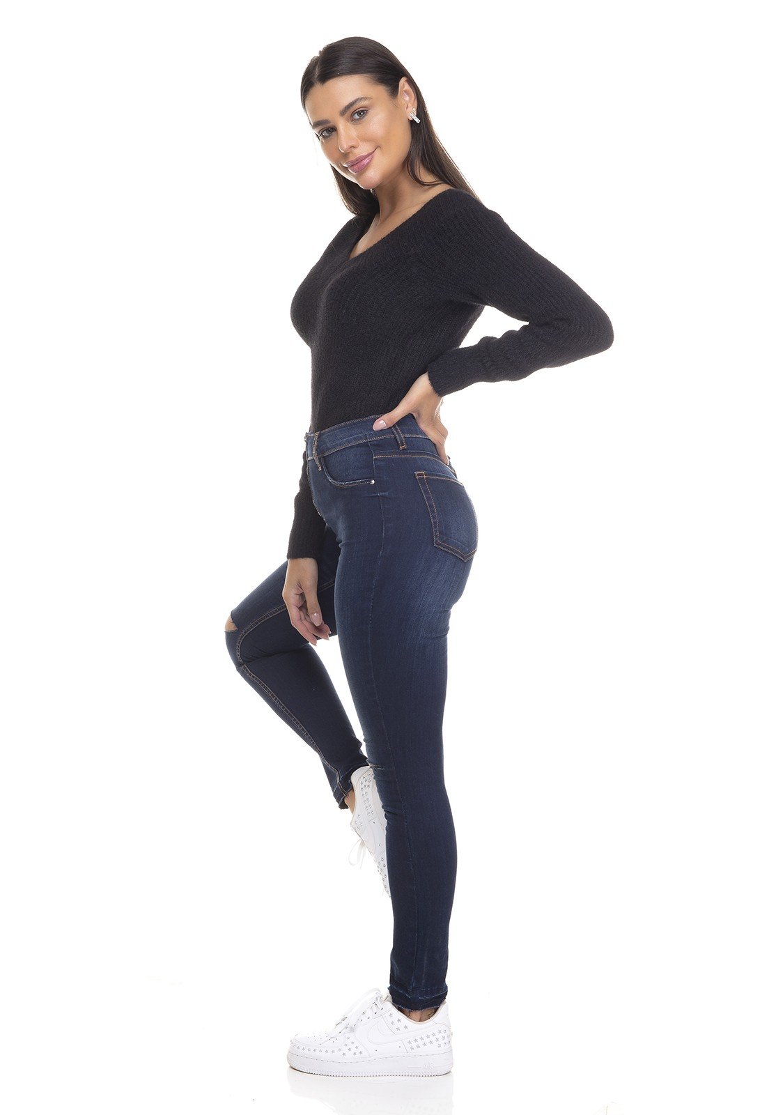 dz3378 calca jeans feminina skinny media cigarrete ziper frontal denim zero lado