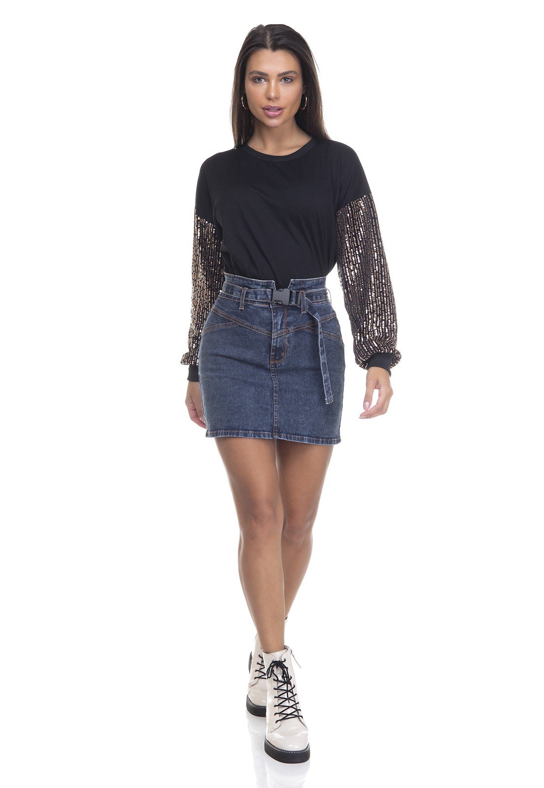 dz7147 saia jeans feminina tubinho cinto fivela de mochila denim zero frente