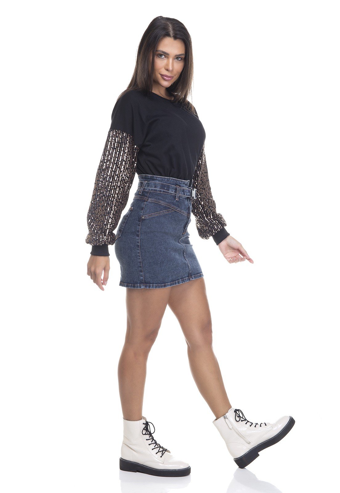 dz7147 saia jeans feminina tubinho cinto fivela de mochila denim zero lado