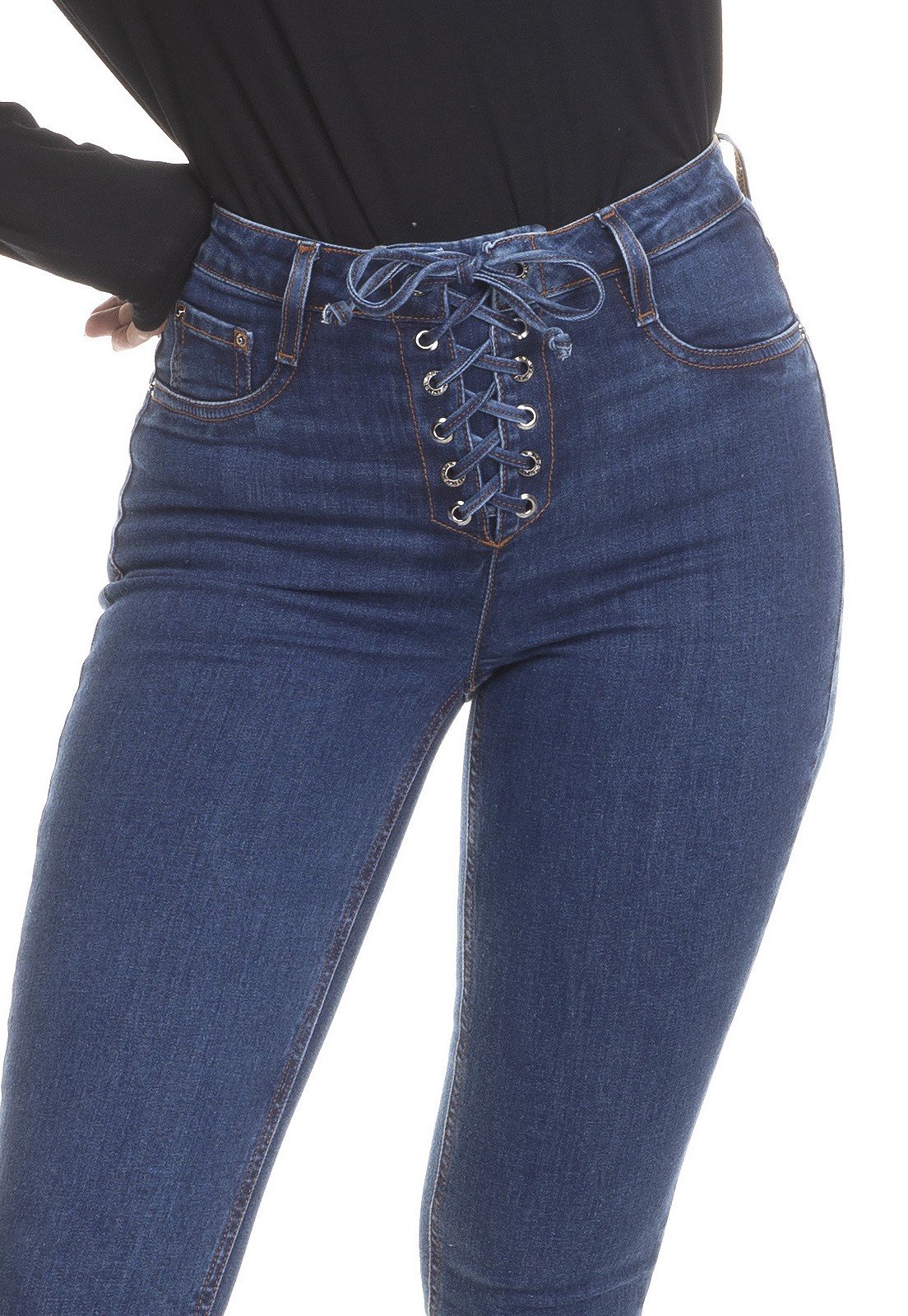 dz3372 calca jeans feminina skinny media com ilhos denim zero frente detalhe