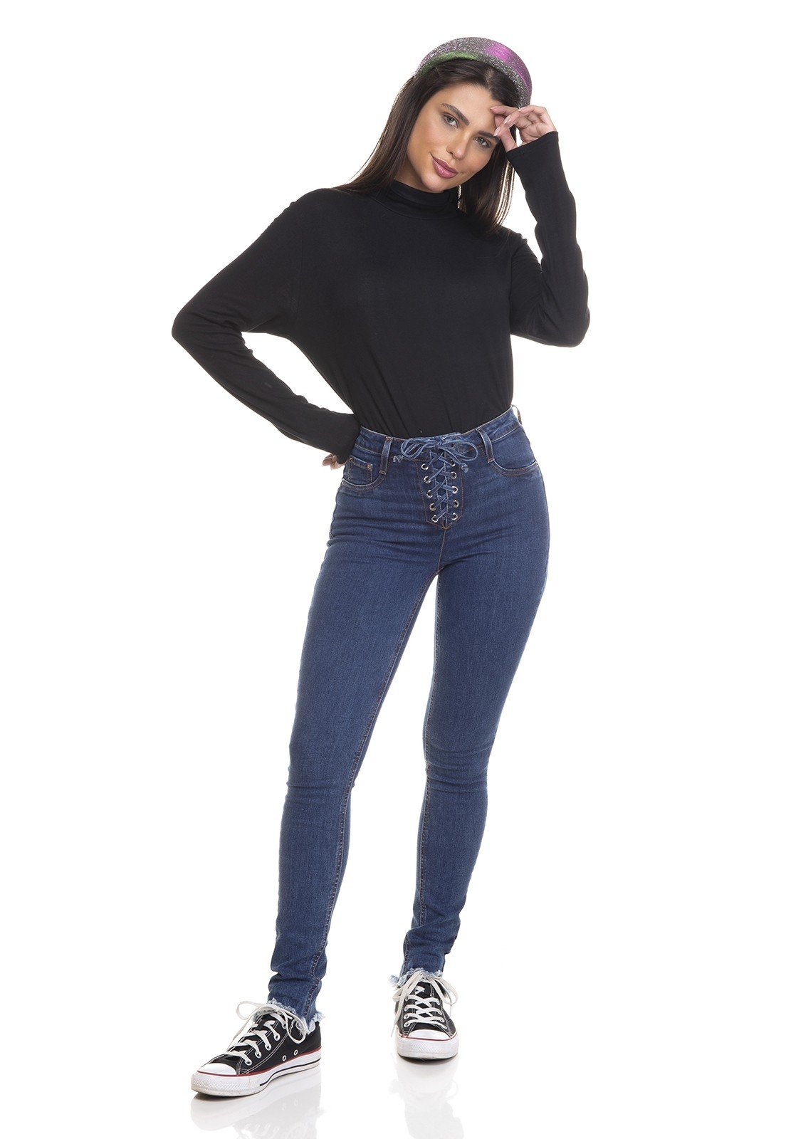 dz3372 calca jeans feminina skinny media com ilhos denim zero frente 2