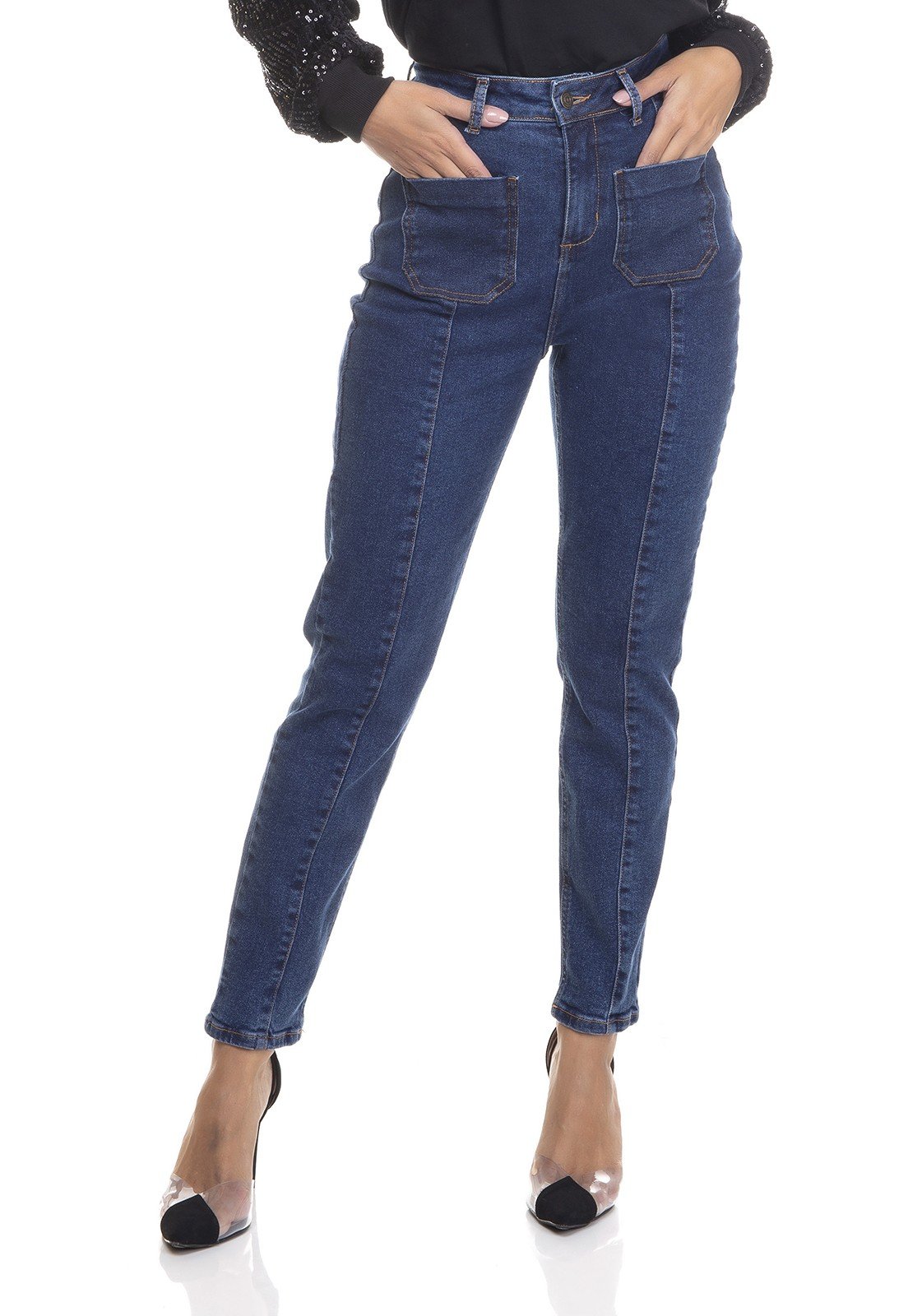 dz3387 calca jeans feminina mom fit bolsos utilitarios denim zero frente prox