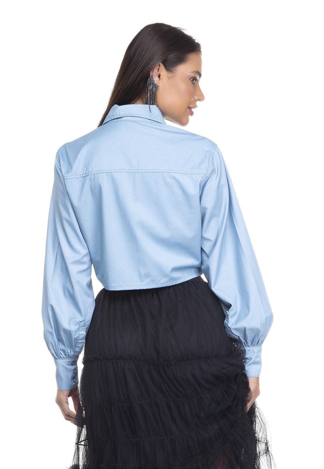 dz11146 camisa jeans feminina cropped manga bufante denim zero costas prox