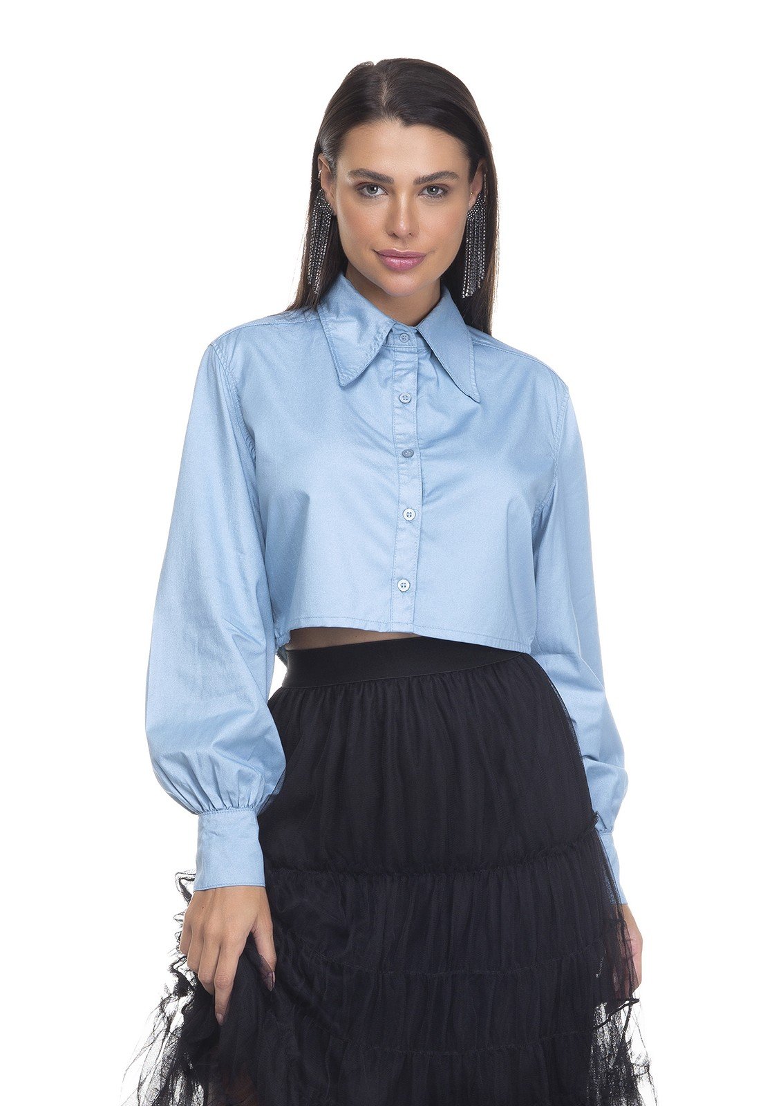 dz11146 camisa jeans feminina cropped manga bufante denim zero frente prox