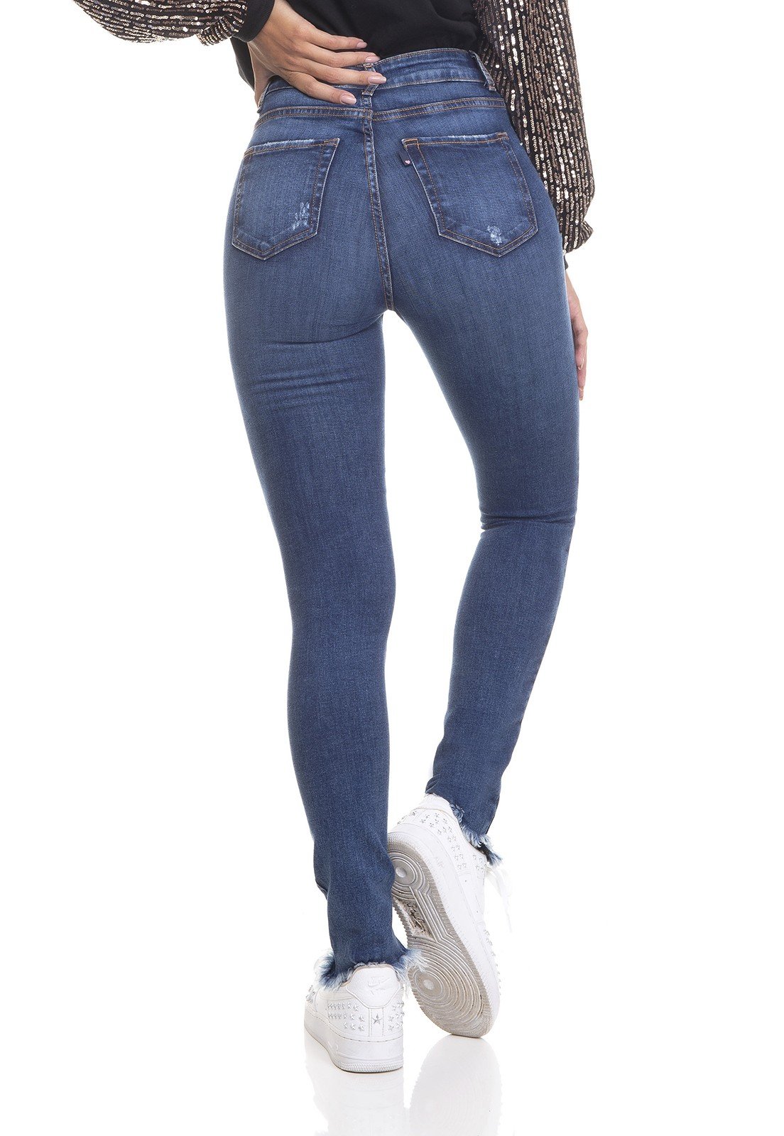 dz3319 calca jeans feminina skinny media cigarrete barra desfiada denim zero costas prox