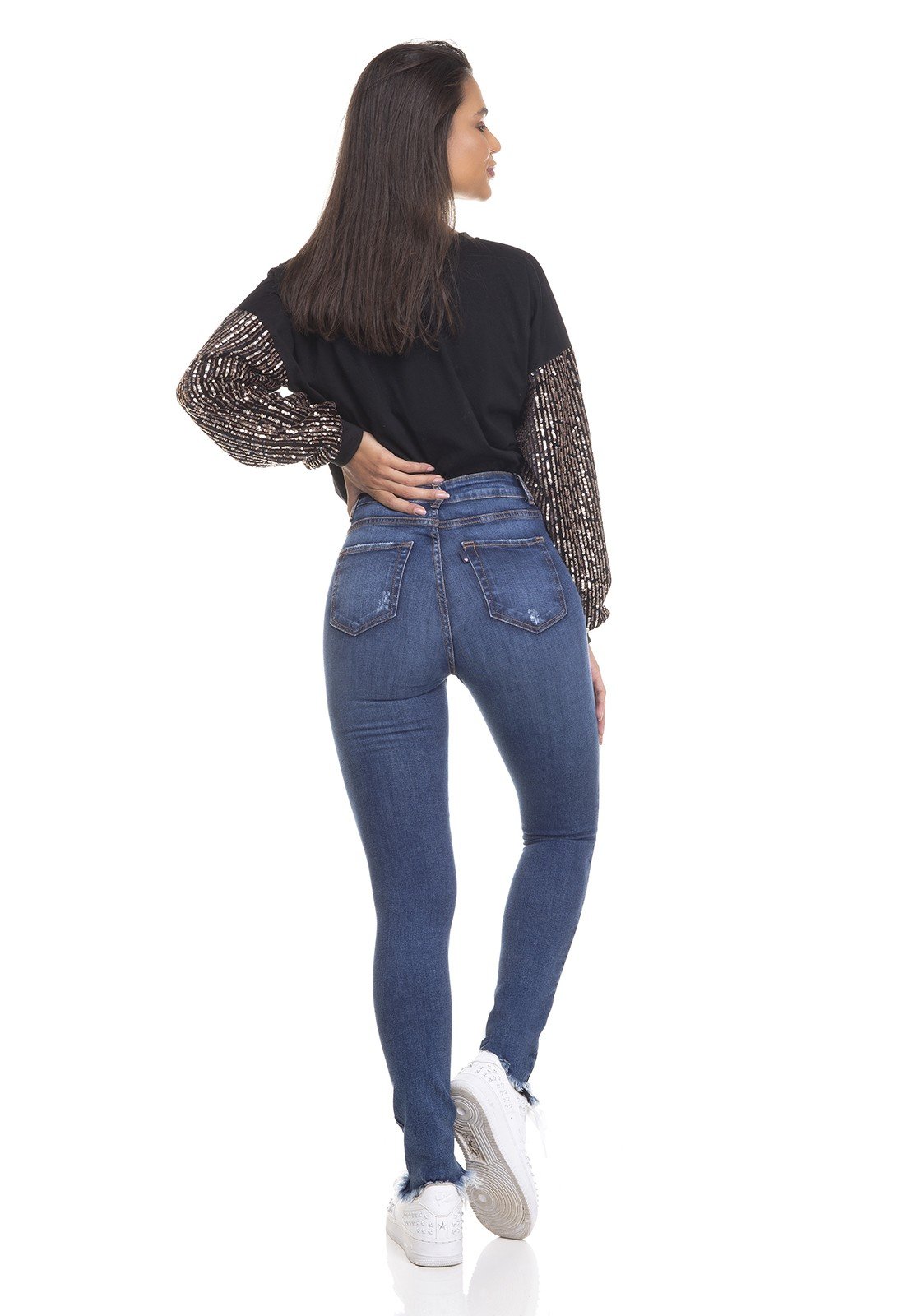 dz3319 calca jeans feminina skinny media cigarrete barra desfiada denim zero costas
