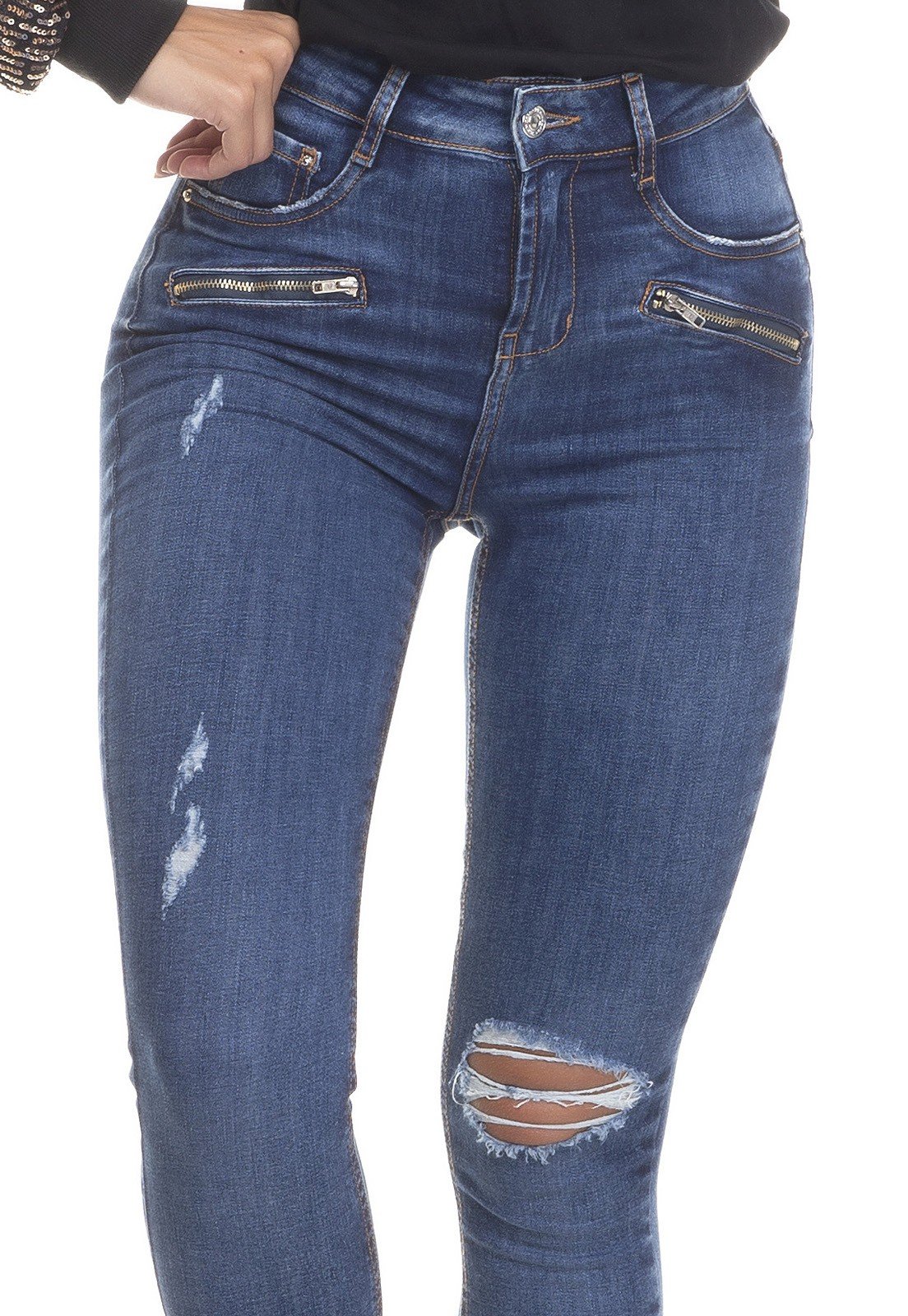 dz3319 calca jeans feminina skinny media cigarrete barra desfiada denim zero frente detalhe