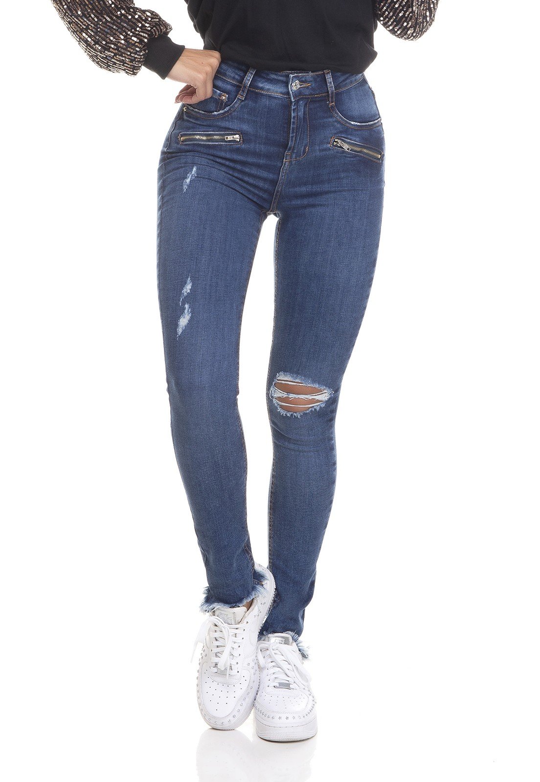 dz3319 calca jeans feminina skinny media cigarrete barra desfiada denim zero frente prox