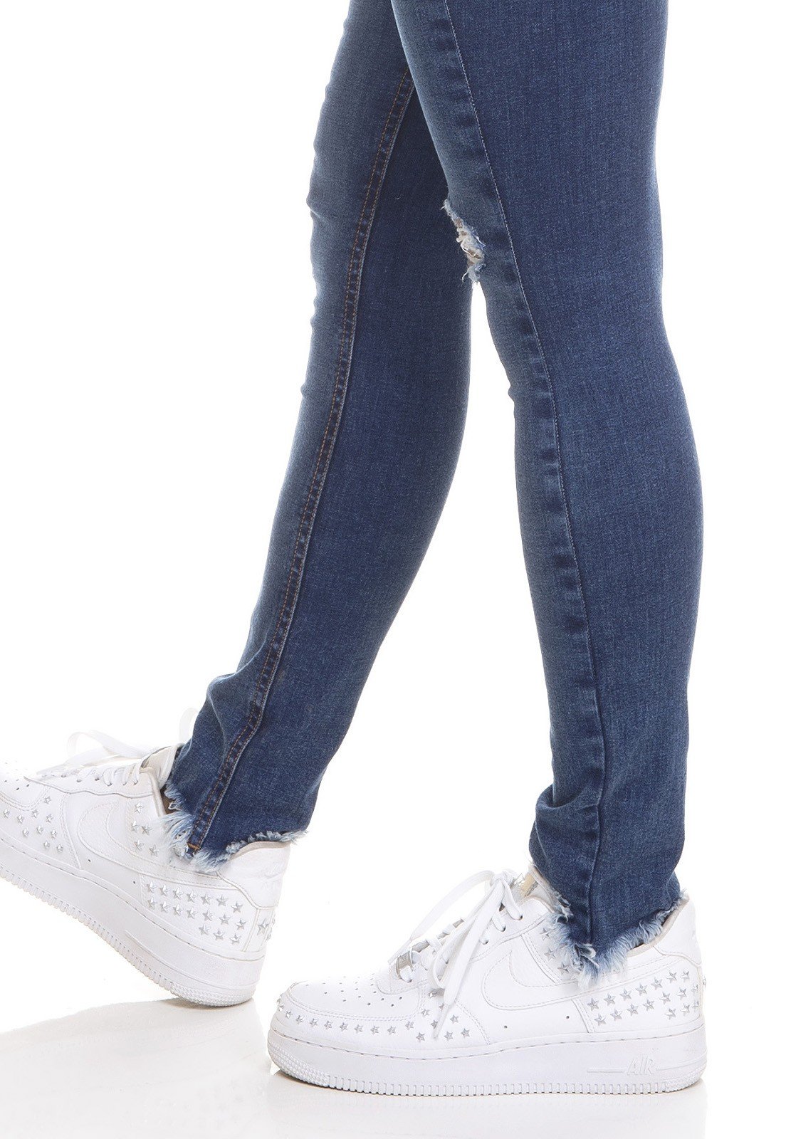 dz3319 calca jeans feminina skinny media cigarrete barra desfiada denim zero lado detalhe