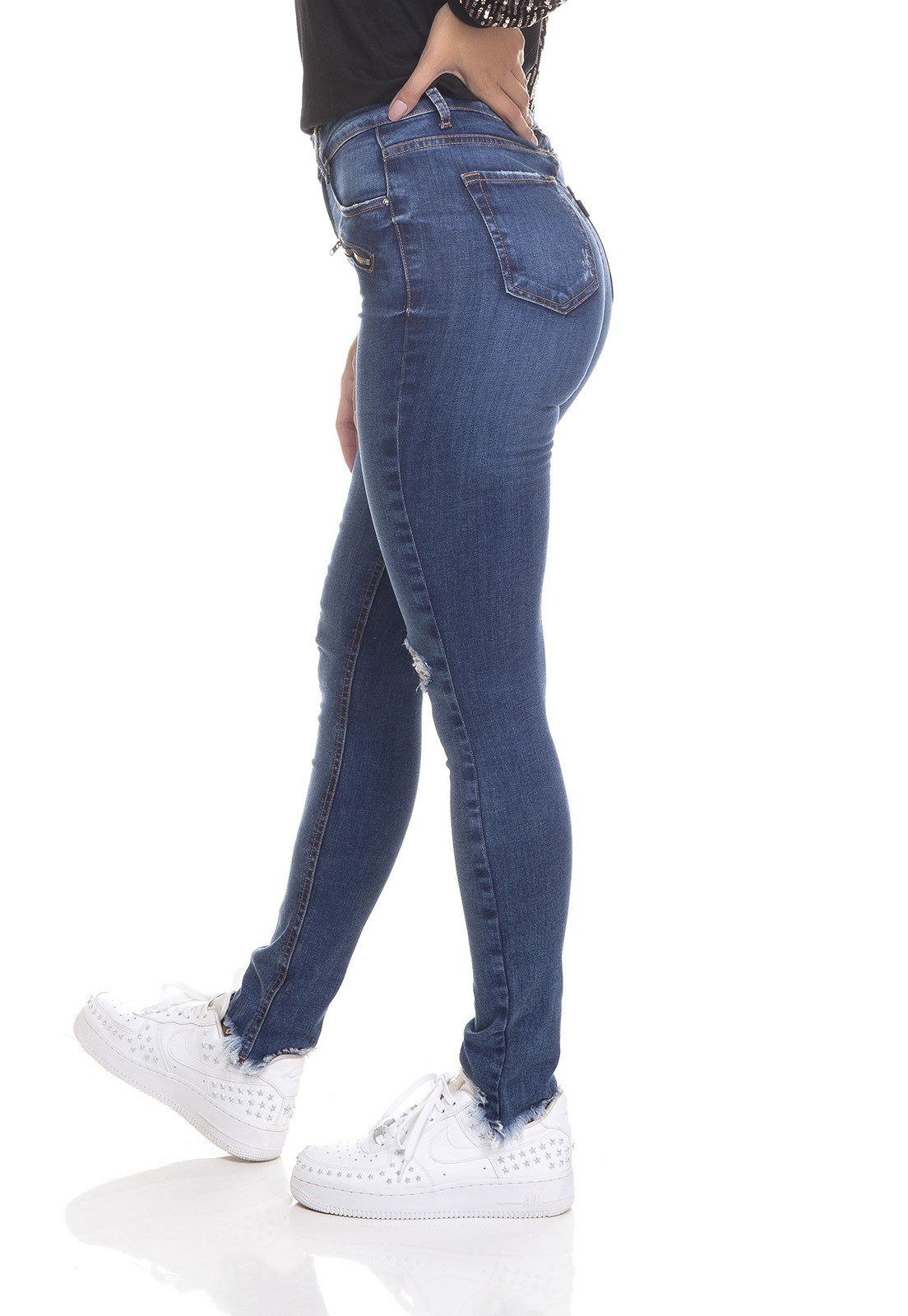 dz3319 calca jeans feminina skinny media cigarrete barra desfiada denim zero lado prox