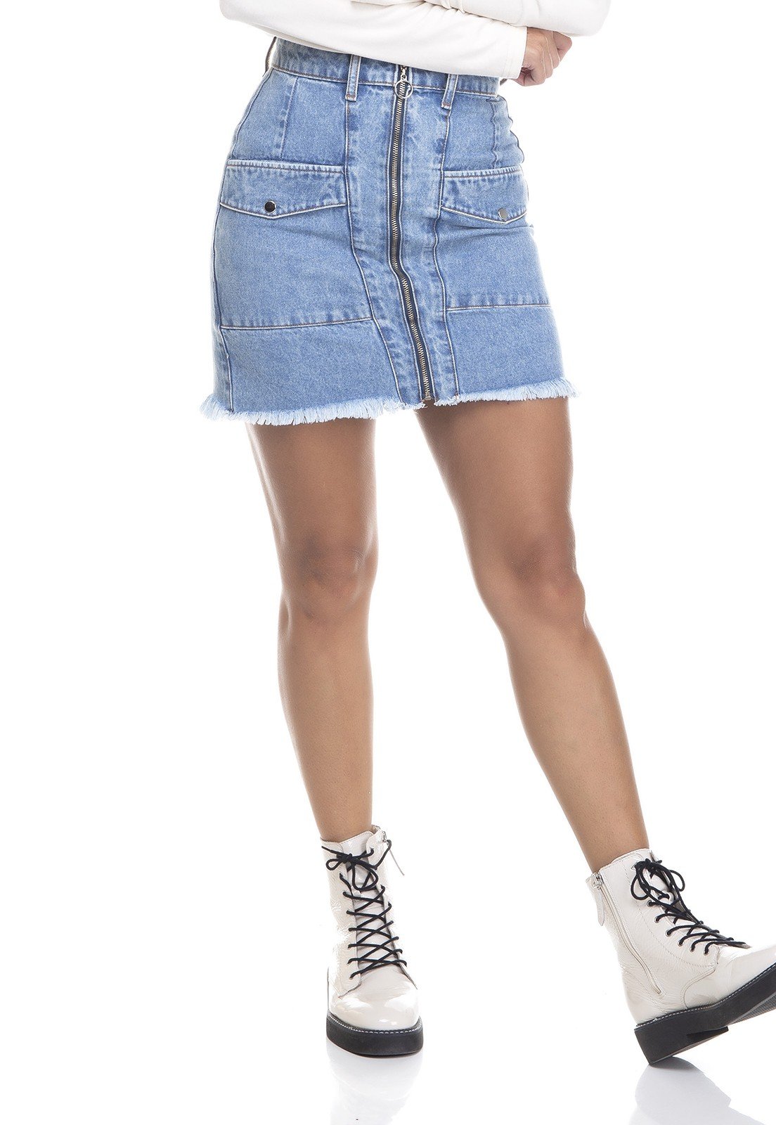 dz7145 saia jeans feminina regular bolsos utilitarios denim zero frente prox
