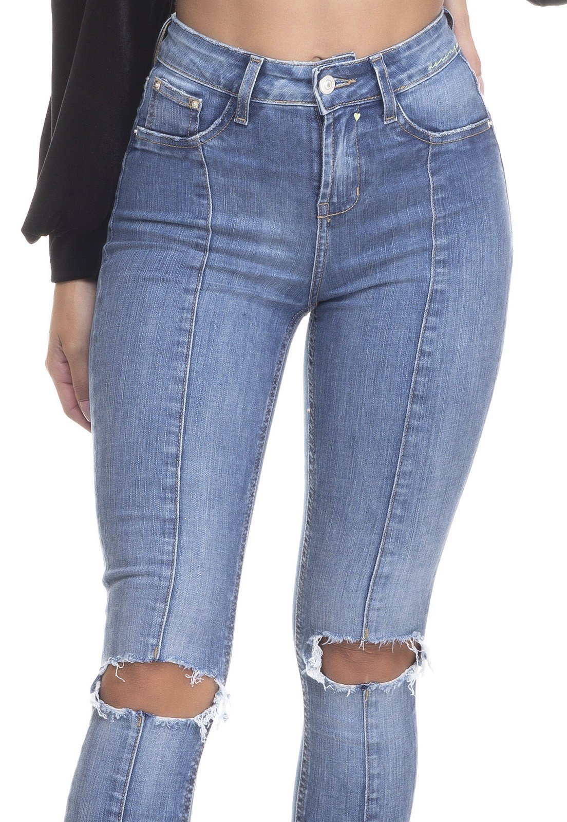 dz3371 calca jeans feminina skinny media recorte frontal denim zero frente detalhe