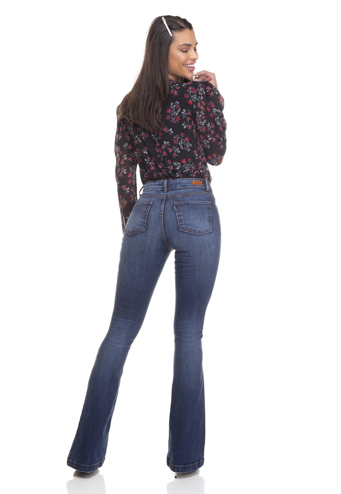 dz3388 calca jeans feminina flare media tradicional denim zero costas