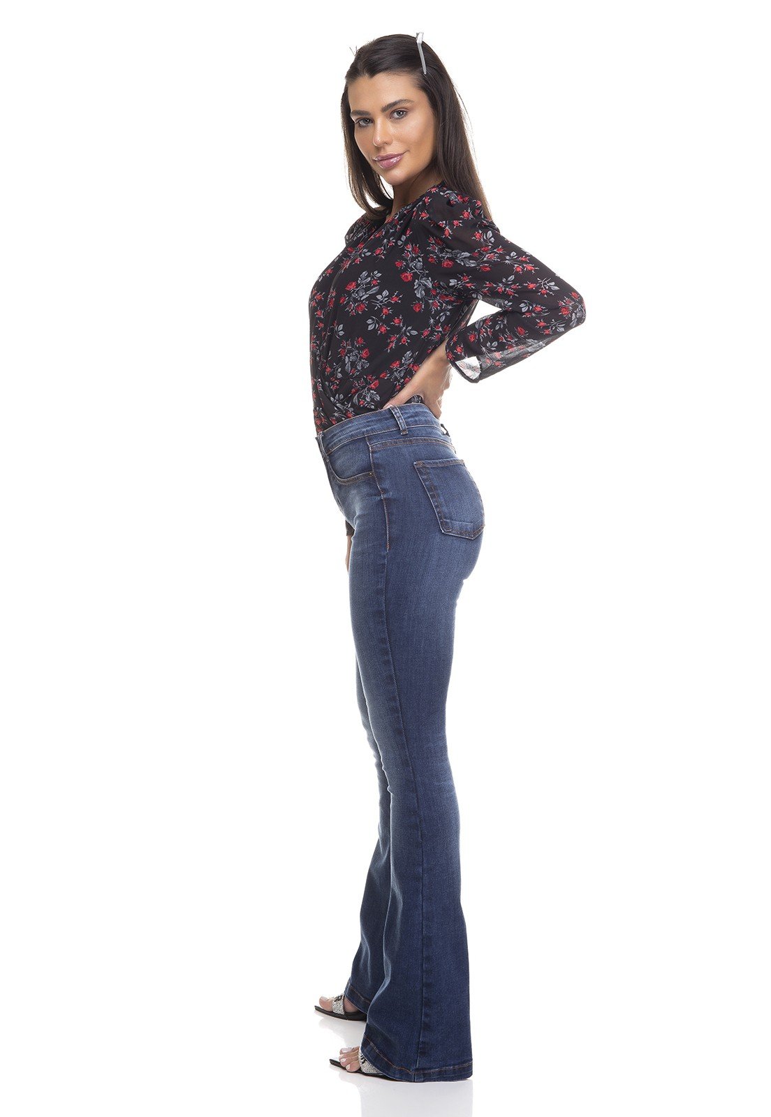 dz3388 calca jeans feminina flare media tradicional denim zero lado