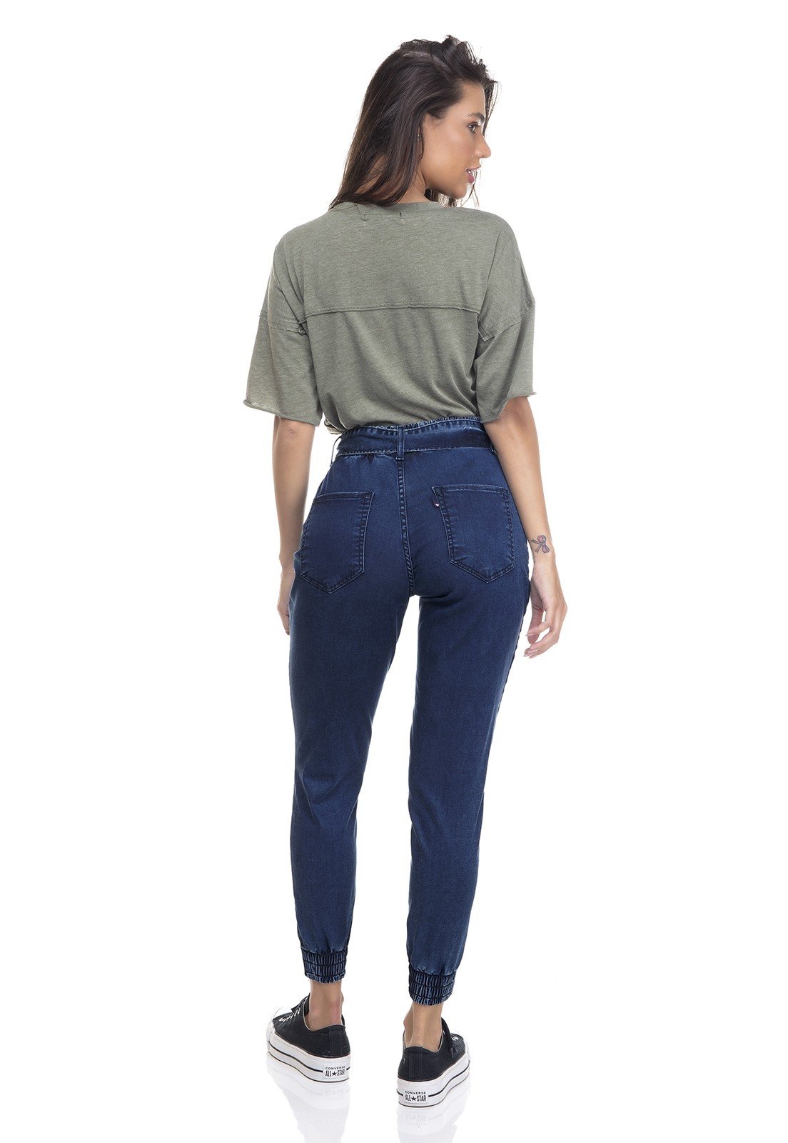 dz3353 calca jeans feminina jogger com cinto denim zero costas