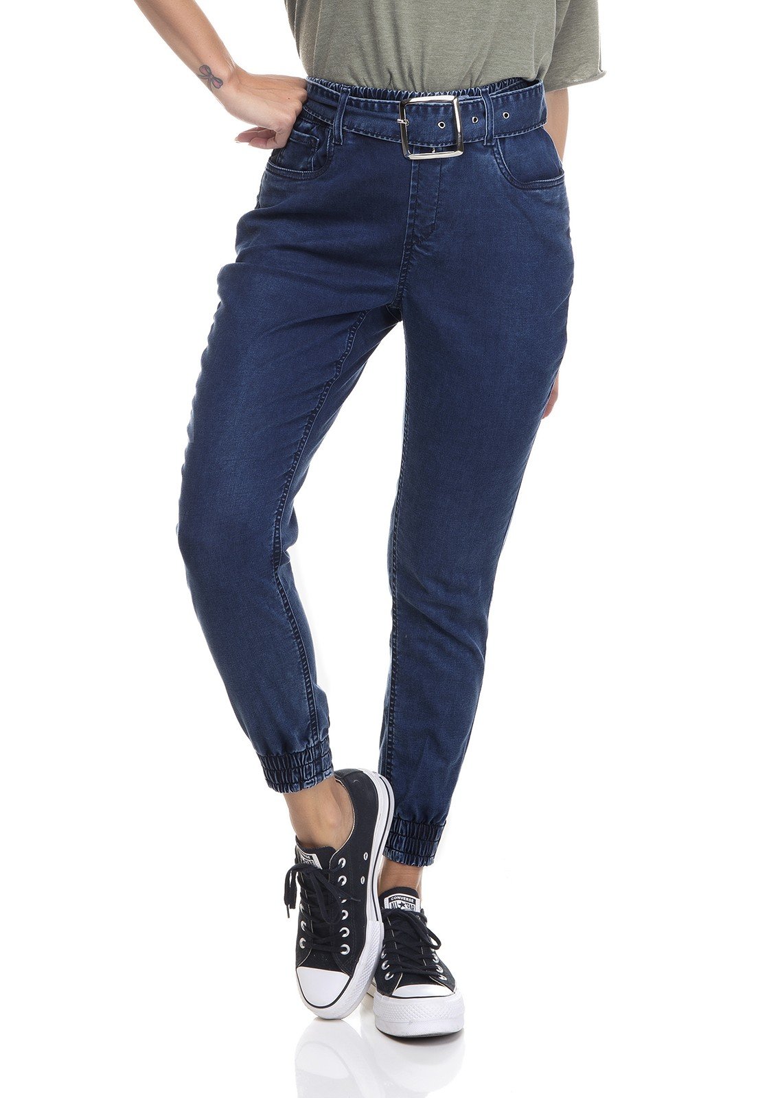 dz3353 calca jeans feminina jogger com cinto denim zero frente prox