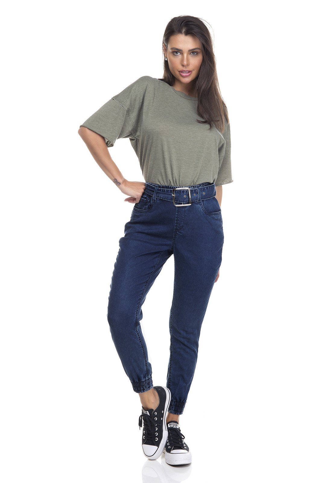 dz3353 calca jeans feminina jogger com cinto denim zero frente