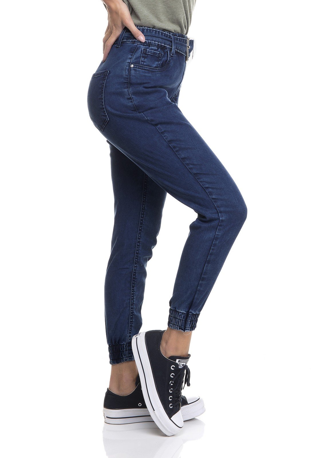 dz3353 calca jeans feminina jogger com cinto denim zero lado prox