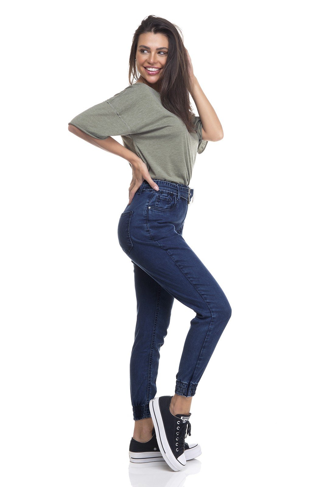 dz3353 calca jeans feminina jogger com cinto denim zero lado