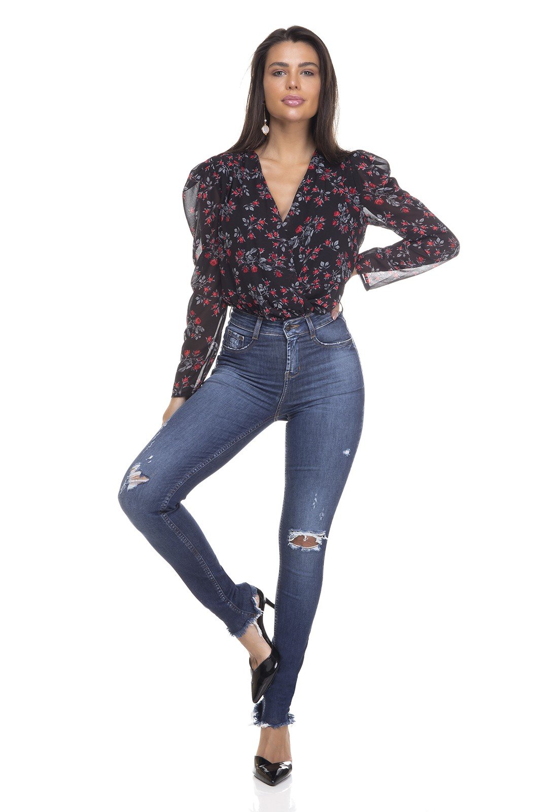 dz3367 calca jeans feminina skinny media barra desfiada denim zero frente