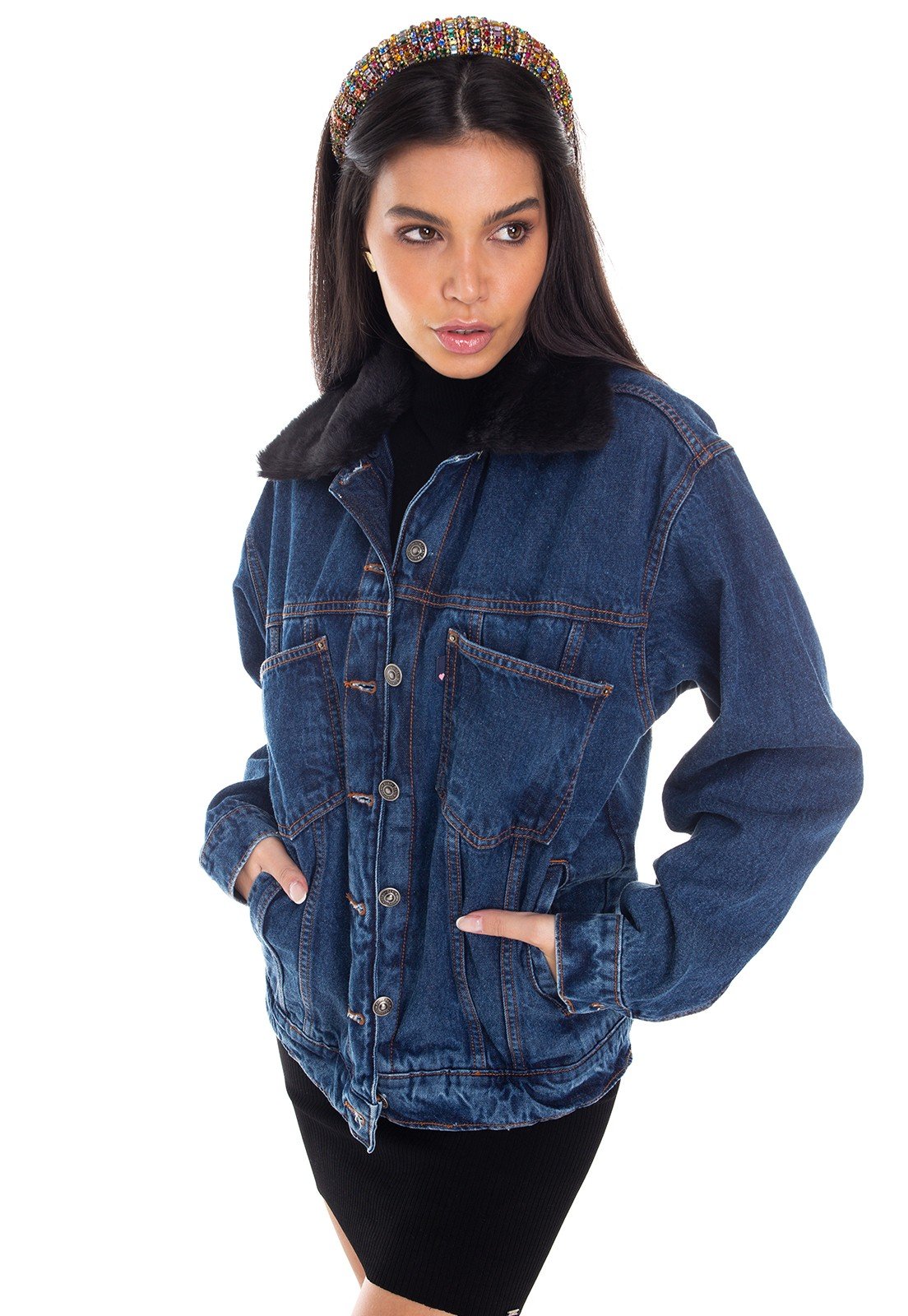 dz9111 jaqueta jeans feminina 80 s estampada denim zero frente
