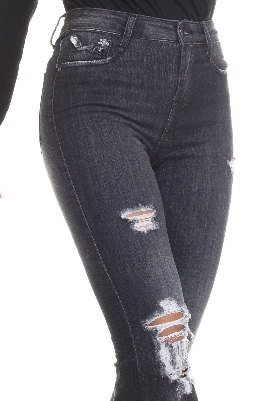 dz3382 calca jeans feminina super flare barra desfiada denim zero frente detalhe