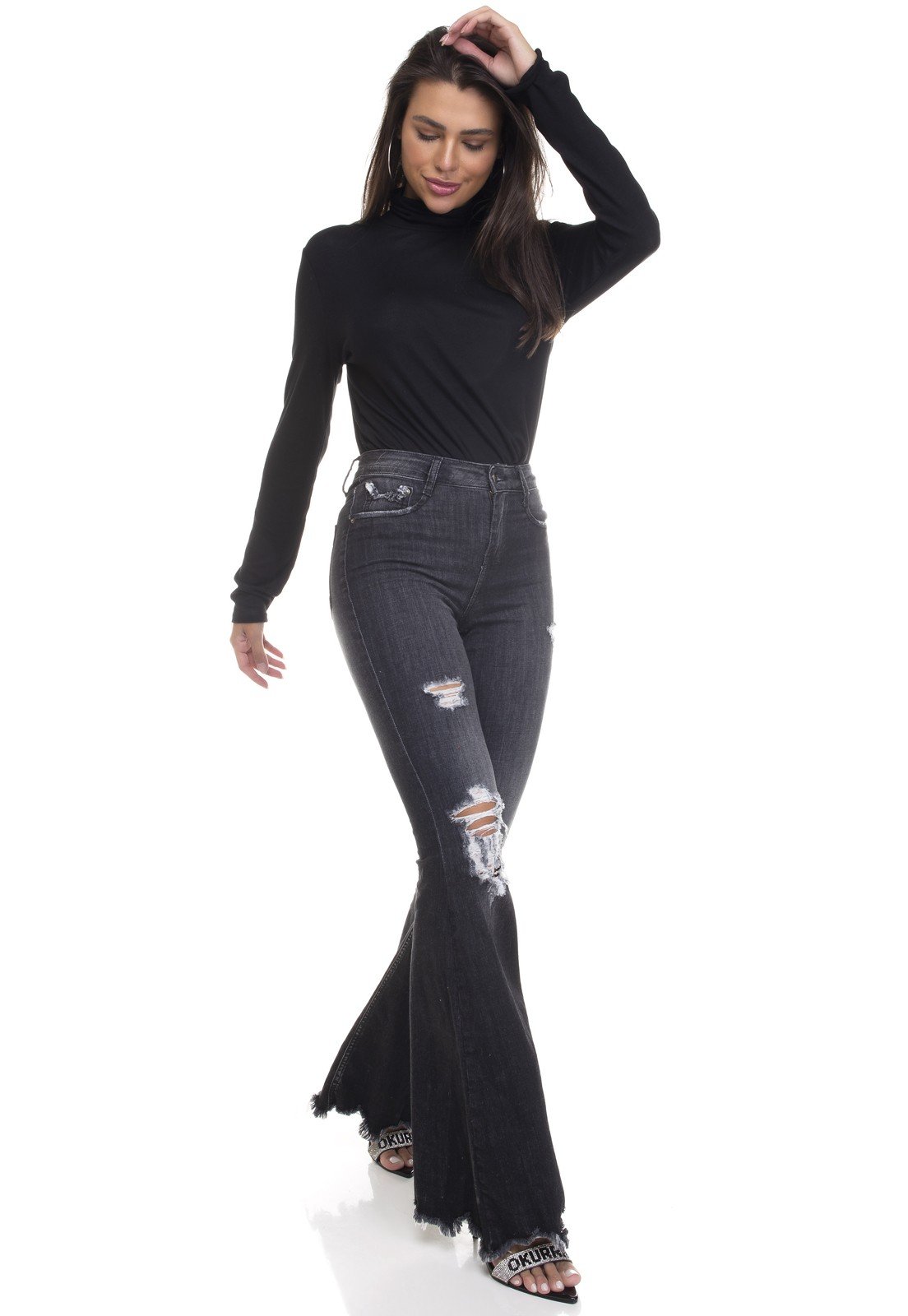 dz3382 calca jeans feminina super flare barra desfiada denim zero frente