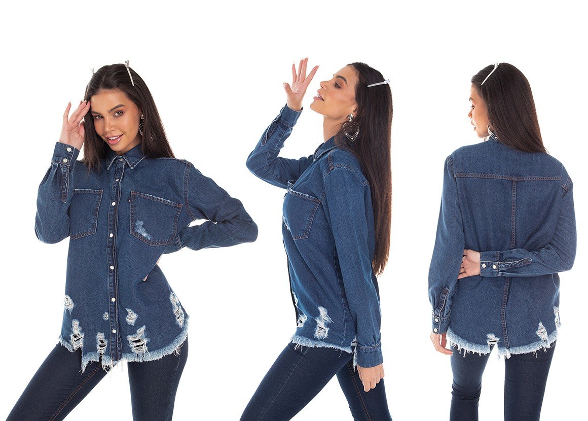 dz11148 camisa jeans feminina oversize barra destroyed denim zero tripla