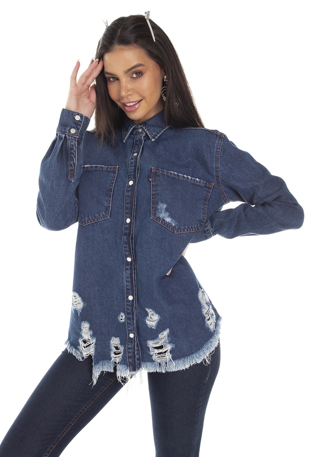dz11148 camisa jeans feminina oversize barra destroyed denim zero frente prox