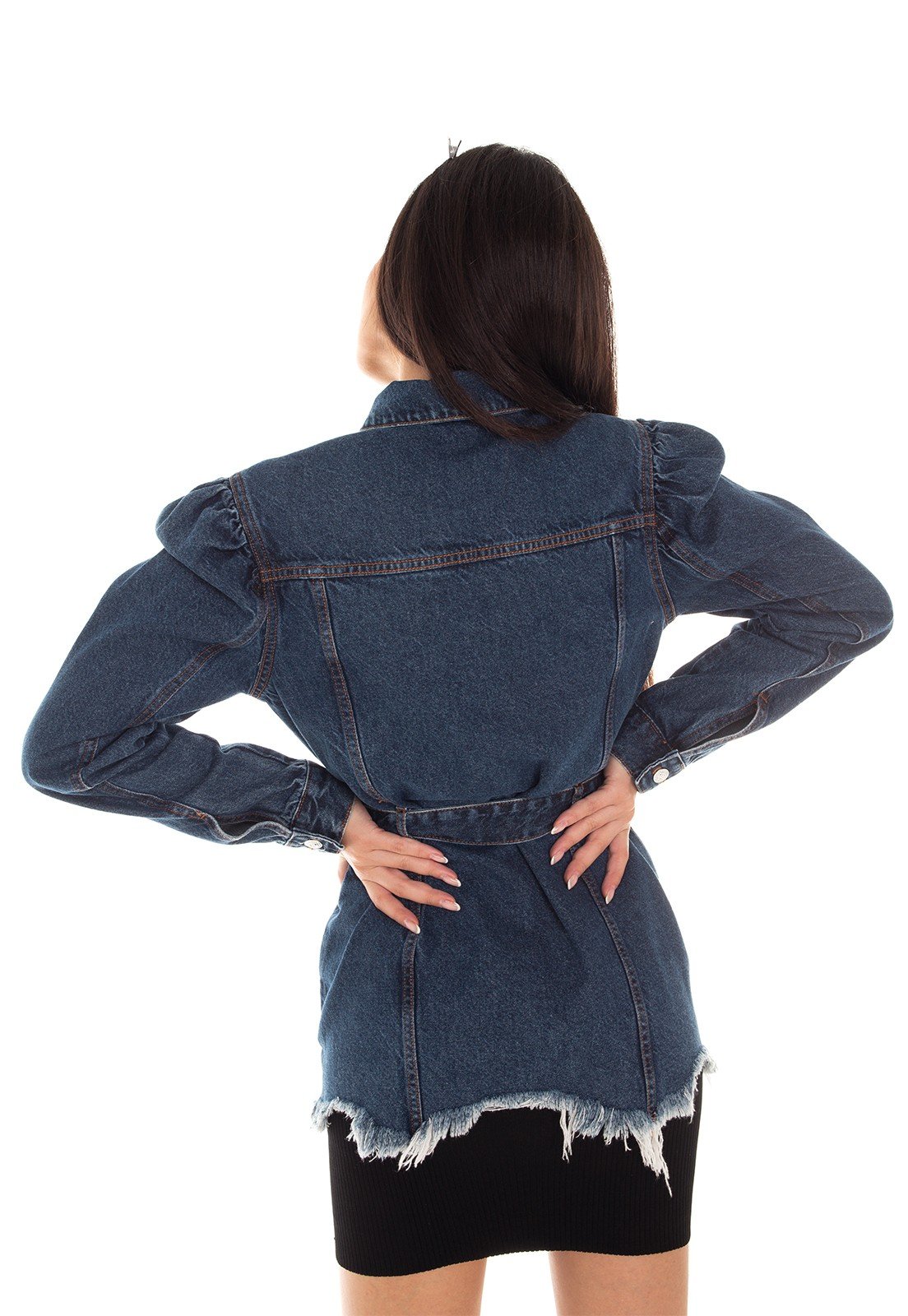 dz9112 jaqueta jeans feminina oversize manga bufante denim zero costas