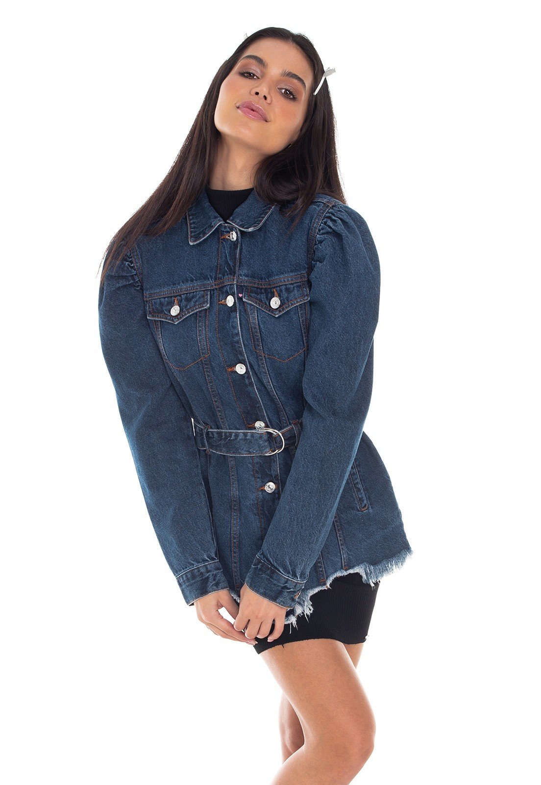 dz9112 jaqueta jeans feminina oversize manga bufante denim zero frente prox