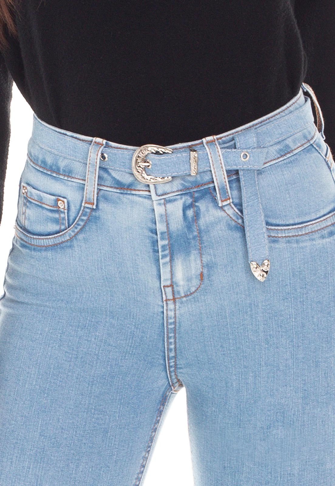 dz3377 calca jeans feminina skinny media cigarrete com cinto denim zero detalhe