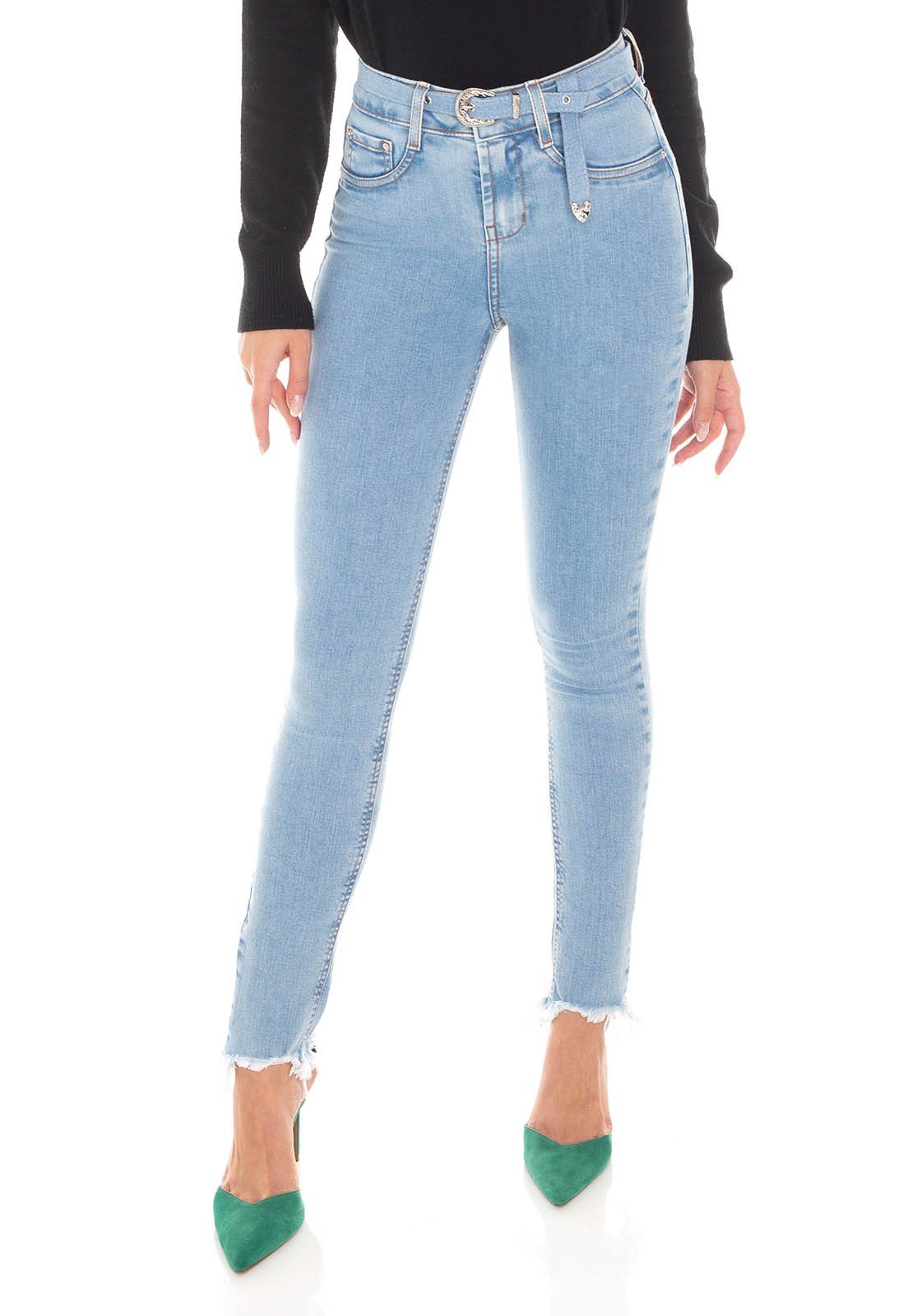dz3377 calca jeans feminina skinny media cigarrete com cinto denim zero frente prox