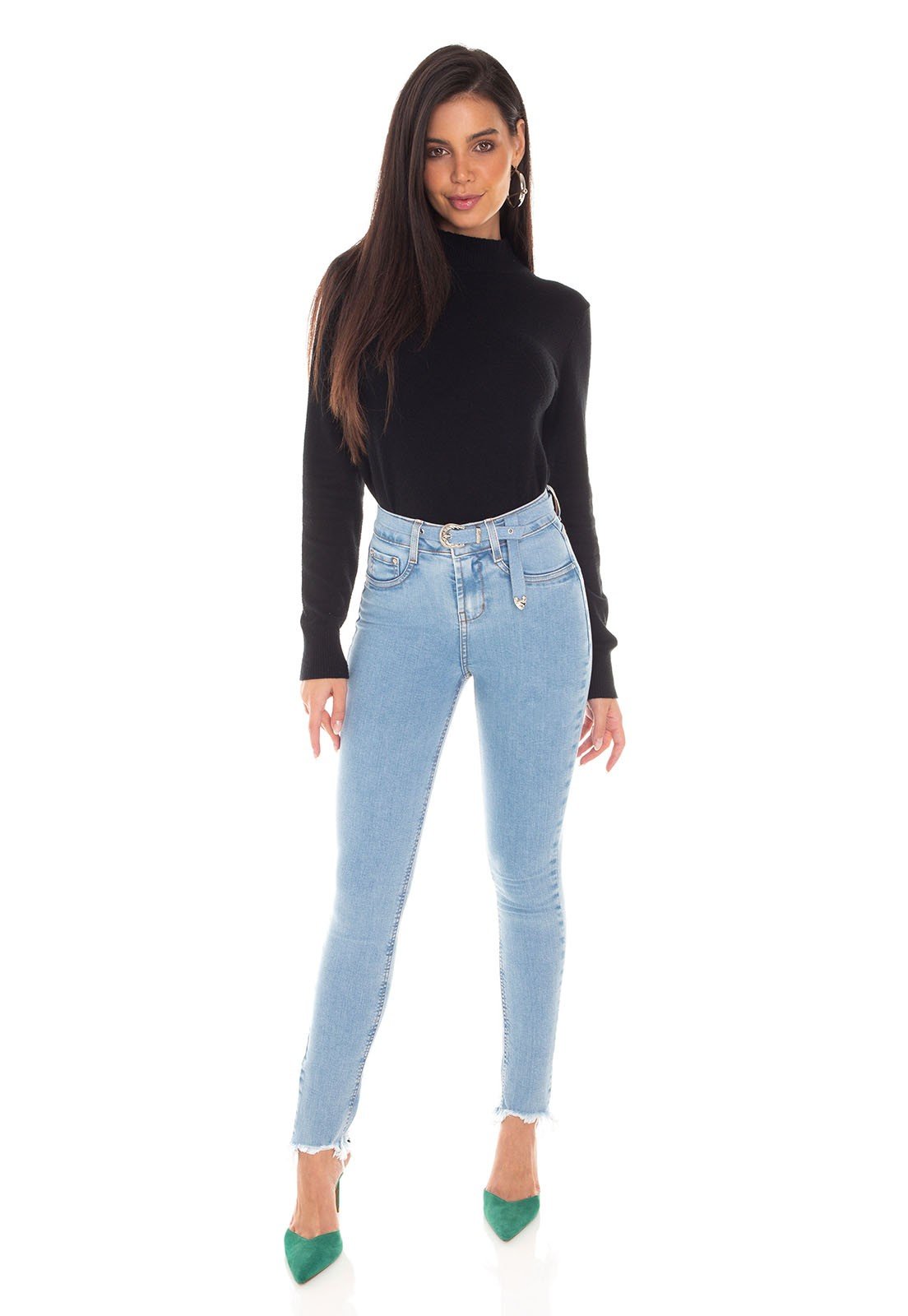 dz3377 calca jeans feminina skinny media cigarrete com cinto denim zero frente