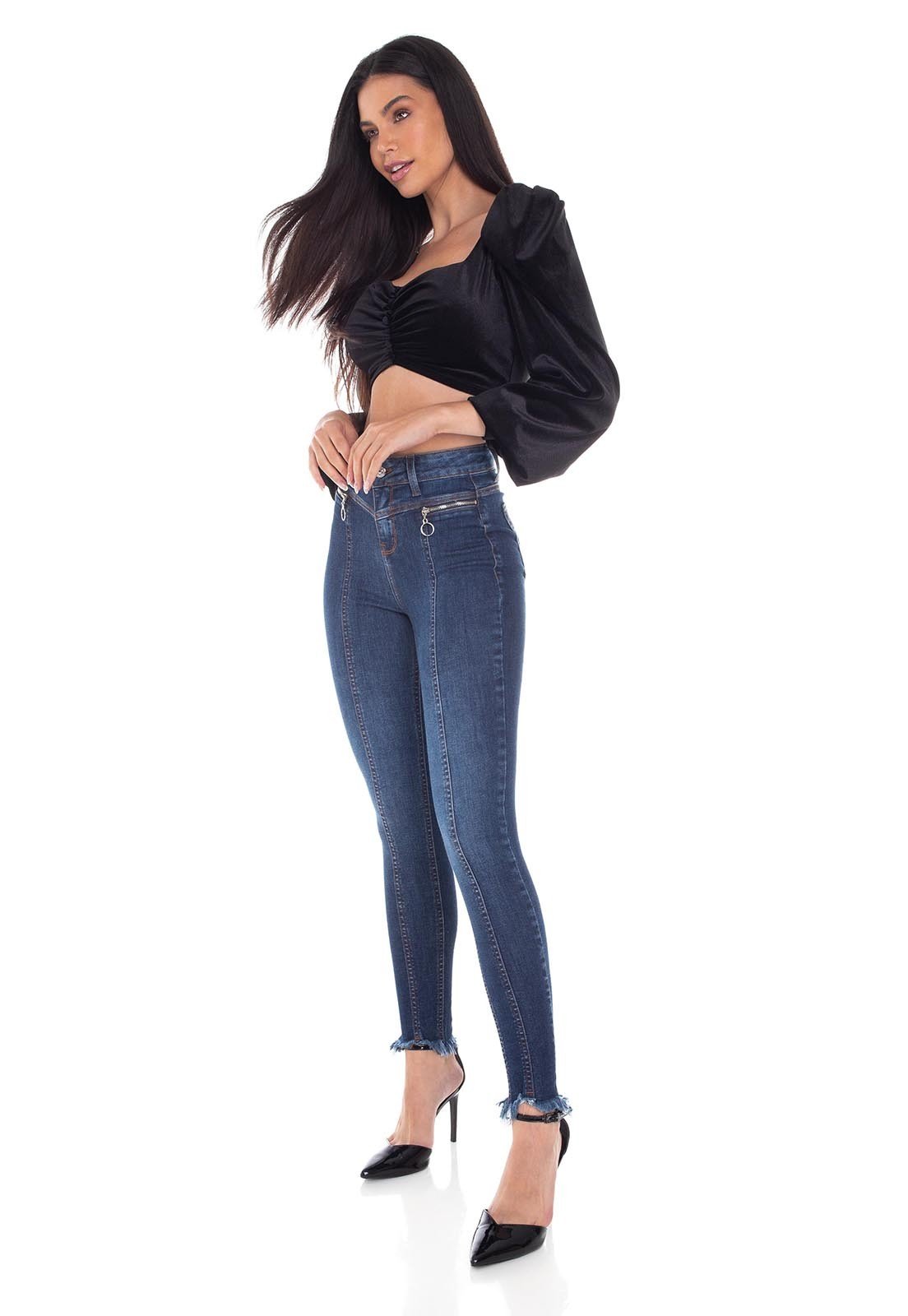 dz3404 calca jeans feminina skinny media cigarrete recorte frontal denim zero frente