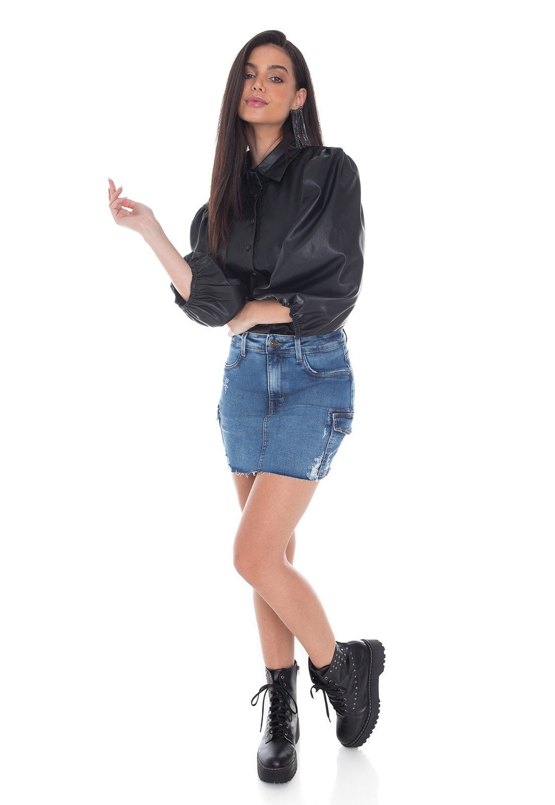 dz7156 saia jeans feminina tubinho bolsos laterais denim zero frente