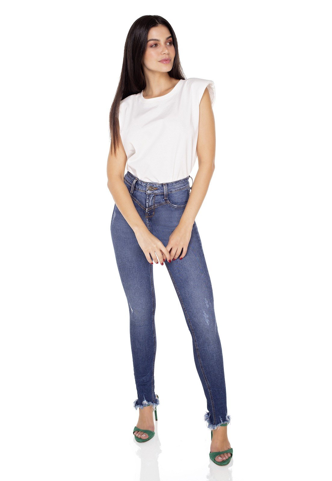 dz3427 calca jeans feminina skinny media recorte frontal denim zero frente