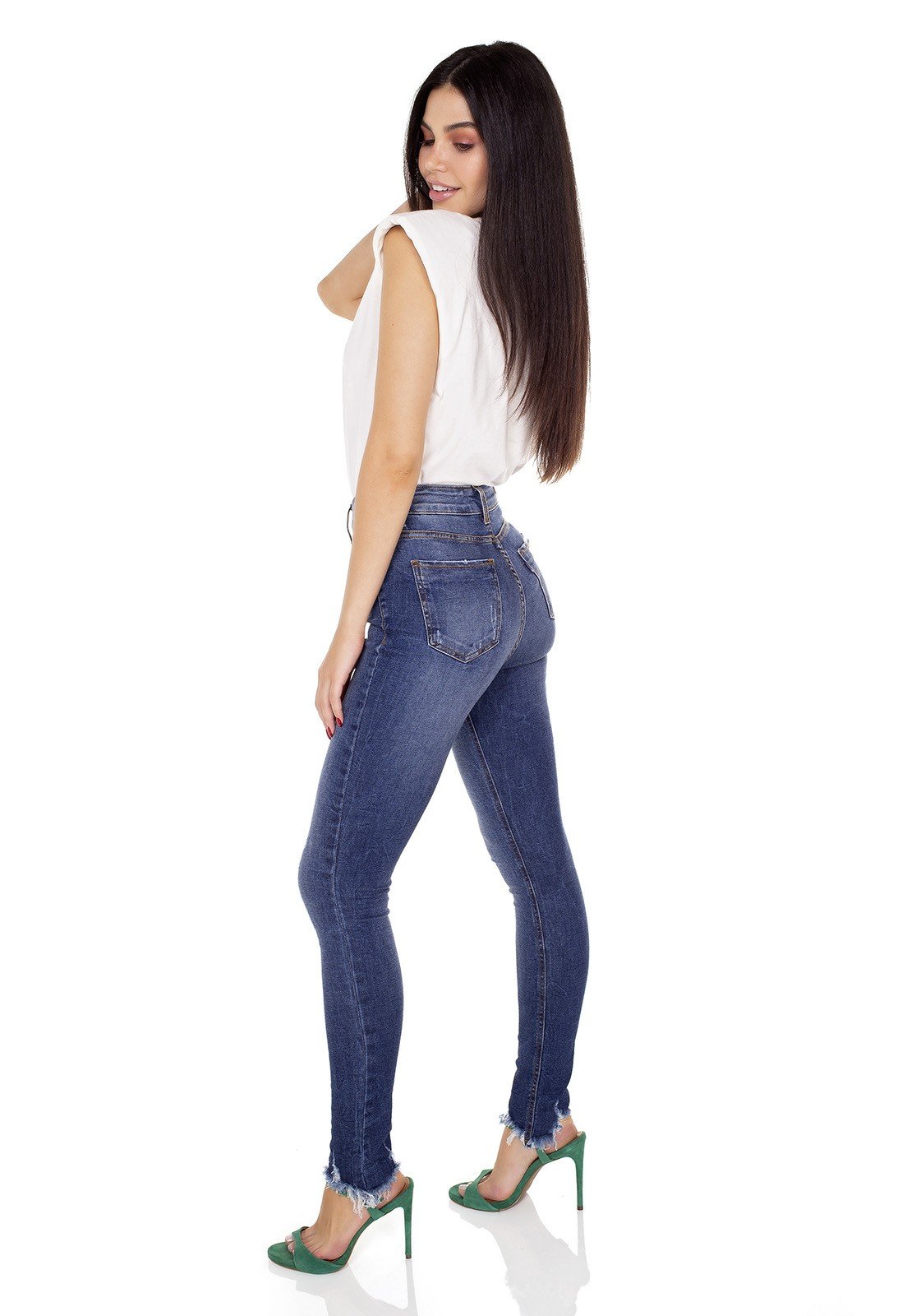 dz3427 calca jeans feminina skinny media recorte frontal denim zero lado