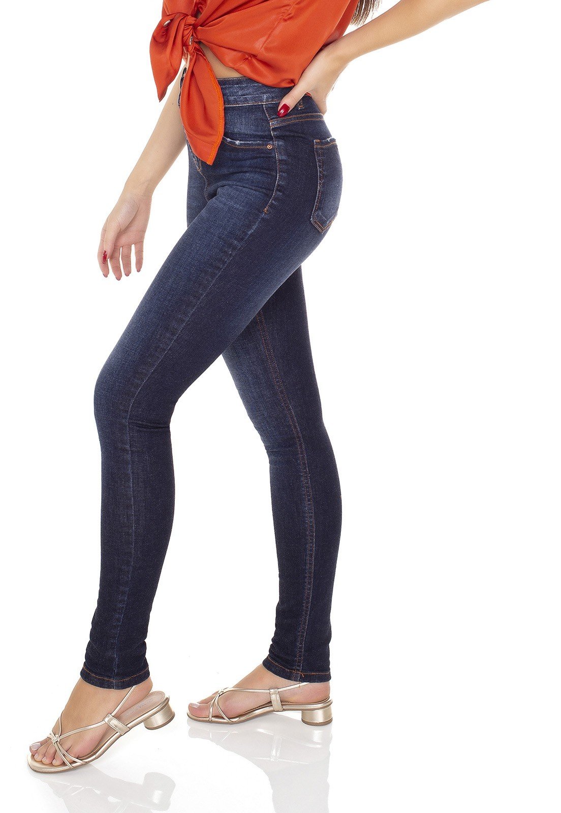 dz3431 calca jeans feminina skinny media denim zero lado prox