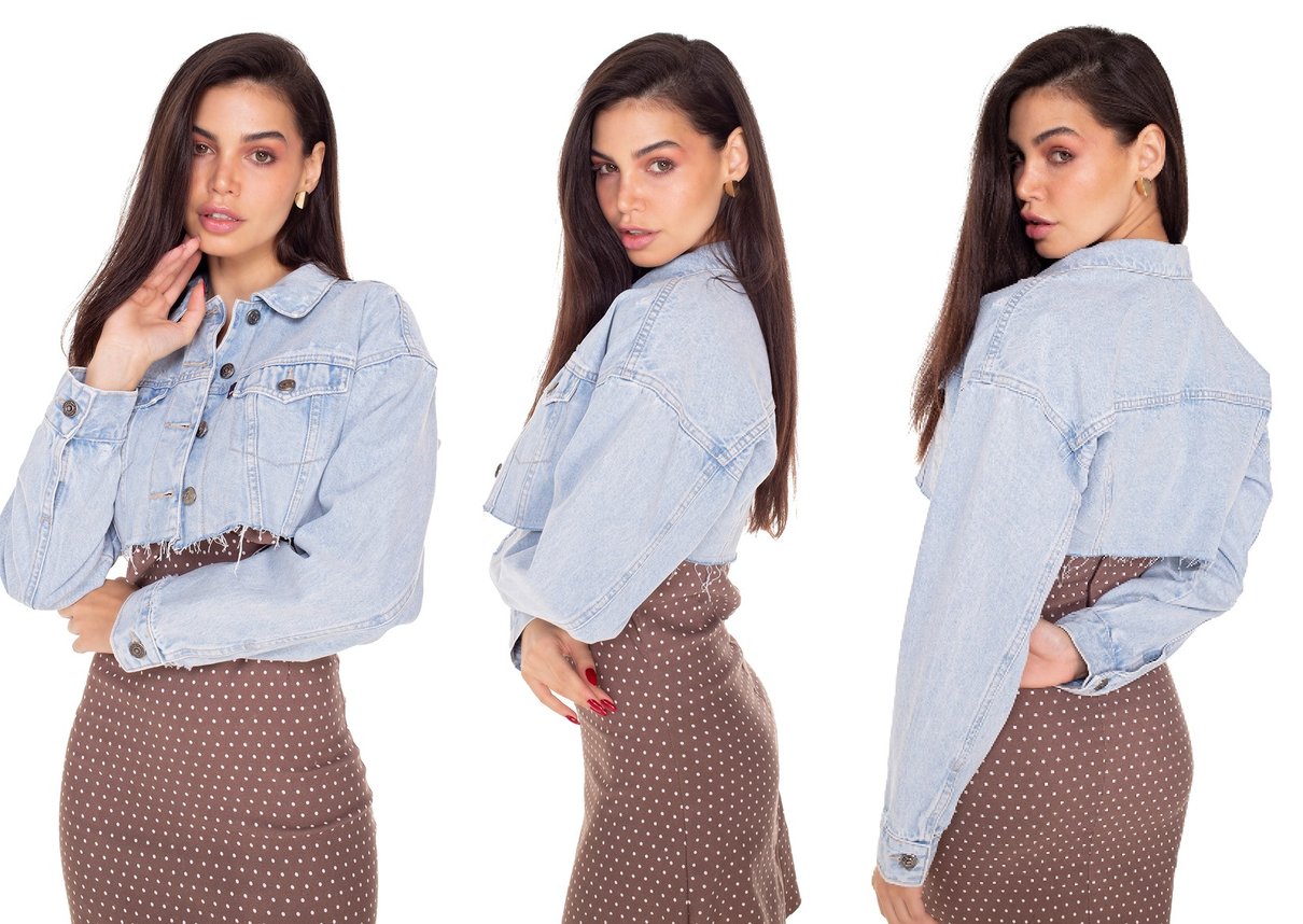 dz9119 jaqueta jeans feminina super cropped barra desfiada denim zero tripla