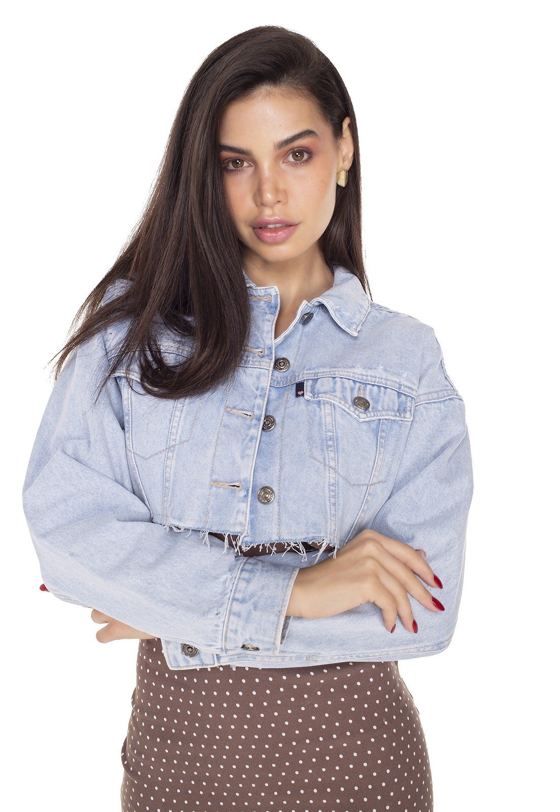 dz9119 jaqueta jeans feminina super cropped barra desfiada denim zero frente 02