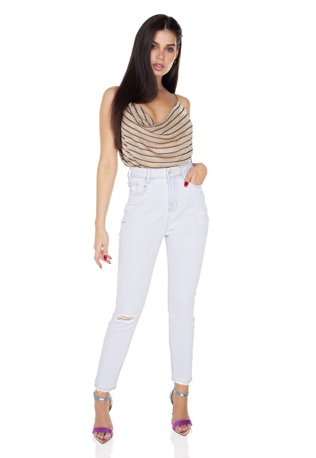 dz3483 calca jeans feminina mom fit rasgo joelho denim zero frente